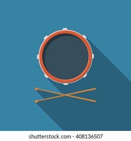 Flat design vector drum and drum sticks icon with long shadow.