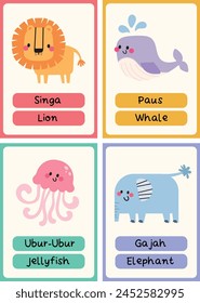 flat design vector education Indonesian english language learning flash card printable