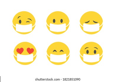 Flat Design Vector Emoji Set wearing masks to protect against virus. For Social Network Isolated on White Background