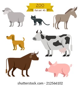 Flat design vector farm animals icon set. Sheep, cat, donkey, dog, cow, bull, pig Flat zoo children cartoon collection.