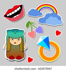 Flat design Vector. Fashion pin collection.heart, rainbow, cloud, sky, baby, lips cherry Dash line contour Isolated