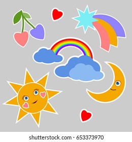 Flat design Vector. Fashion pin collection.heart, rainbow, cloud, sky, moon, lips cherry Dash line contour Isolated