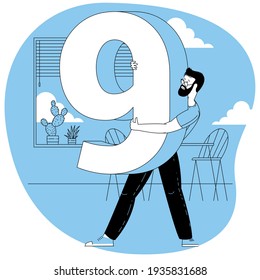 Flat design vector figure symbols set. People holding number signs on various indoor and outdoor backgrounds.