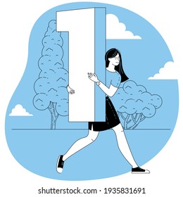 Flat design vector figure symbols set. People holding number signs on various indoor and outdoor backgrounds.