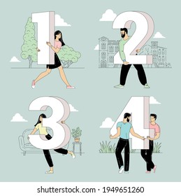 Flat design vector figure symbols set. People holding number signs on various indoor and outdoor backgrounds.