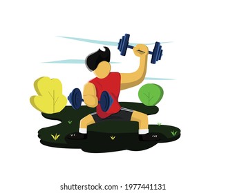 flat design vector of a fitness man in a green park. suitable for use in web design, illustrations, posters and more.