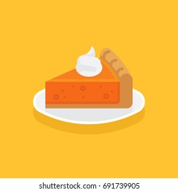 Flat design vector food and gastronomy icon on pumpkin pie. Piece of traditional thanksgiving pumpkin pie 