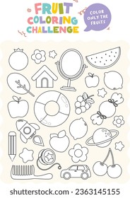 flat design vector fruit coloring challenge printable worksheet for kids activity