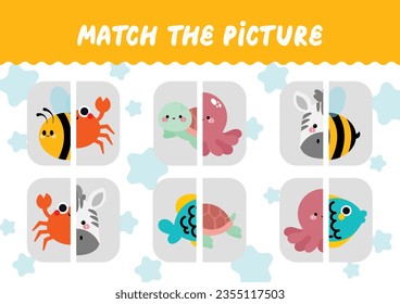 flat design vector fun match the picture puzzle cut and paste printable for kids activity