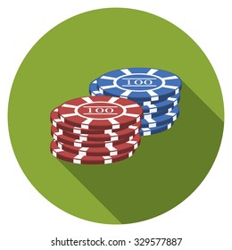 Flat design vector gambling chips icon with long shadow, isolated