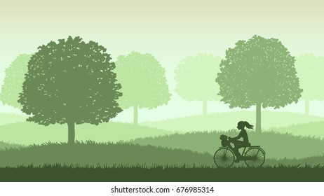 Flat design vector girl riding bicycle silhouette with tree and clear sky background