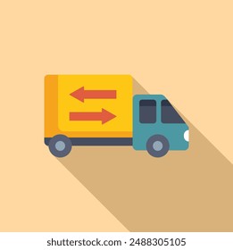Flat design vector graphic of a bright yellow cartoon delivery truck with arrow symbol