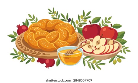 A flat design vector graphic featuring traditional Jewish New Year elements. The composition includes a round braided challah bread on a wooden plate, a glass bowl of golden honey with a wooden dipper, sliced and whole red apples, and ripe pomegranates. Green olive branches with leaves and small olives are arranged around the food items against a clean white background.
