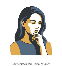 A flat design vector graphic of a pensive woman with dark hair looking down while holding her chin in a thoughtful pose