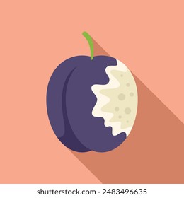 Flat design vector graphic of a ripe plum with a bite taken out, on a pastel background