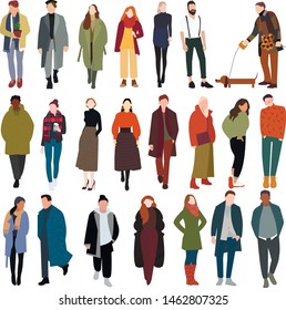flat design vector graphic style concept illustration. fashion set of people walking down the street. set people in fashionable autumn clothes