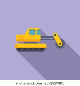 Flat design vector graphic of a yellow cartoon excavator with a digging arm and tracks