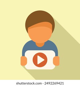Flat design vector graphic of a young individual showcasing a play button, symbolizing content engagement