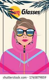 flat design vector graphics, an illustration of a woman wearing sun glasses, sport catalog advertising image, template for sport wera or glasses promotion, a girl in a sport jacket on the beach