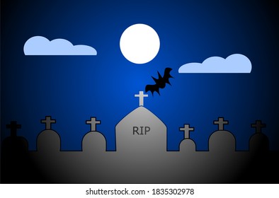 Flat design vector, graves at full moon night.