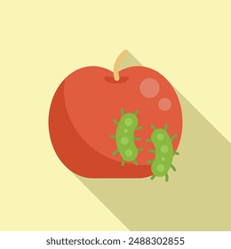 Vector de diseño plano de bacterias de dibujos animados verdes en una manzana roja brillante