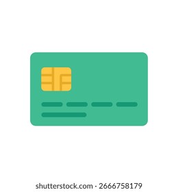 Flacher Design-Vektor einer grünen Kredit- oder Debitkarte. Perfekt für Finanz-, Zahlungs- und Geschäftskonzepte. Einzeln auf weißem Hintergrund.