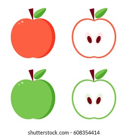 Flat design vector green and red apples, whole and cut in half isolated on white background.