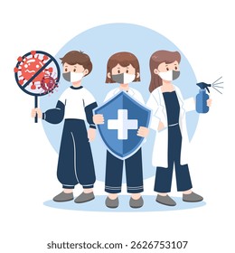 Flat design vector of group wearing masks with shield, sanitizer, and stop virus sign. Health safety theme.