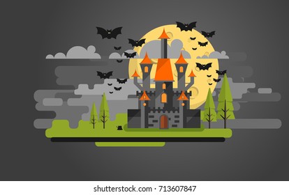 Flat Design of Vector Halloween Castle and Landscape.