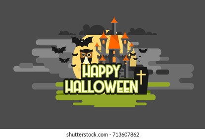 Flat Design of Vector Halloween Castle and Landscape.