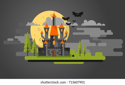 Flat Design of Vector Halloween Castle and Landscape.
