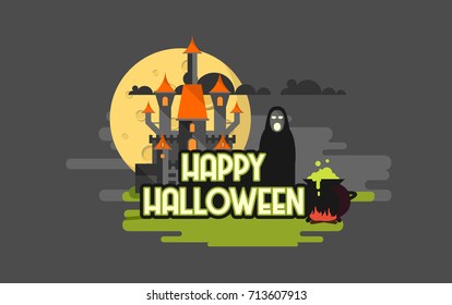 Flat Design of Vector Halloween Castle and Landscape.