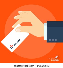 Vector de diseño plano con icono de tarjeta de visita. Tarjeta de presentación en el vector manual se burla del icono para interfaz de aplicación, diseño web y presentación. Mano con ID, tarjeta de crédito, icono vectorial de tickets.