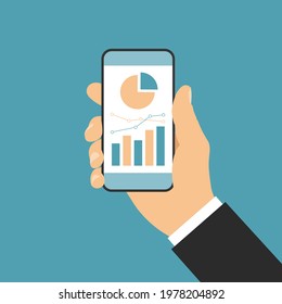 Flat design vector, hand of businessman holding mobile phone with white touch screen and financial chart, isolated on green background, suitable for infographics.