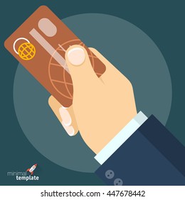 Flat design vector hand with credit card for application interface, presentation and web design. Concept for shopping, payment, finance security, currency exchange, money transfer, cash withdrawal.