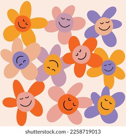 Flat design vector hand drawn drawing colors colorful background smile flower pattern texture flowers illustration card vector hippie template trendy simple retro wallpaper spring smiley face smiling 