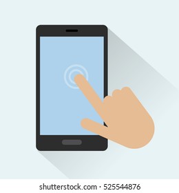 Flat design vector hand icon touching mobile phone screen