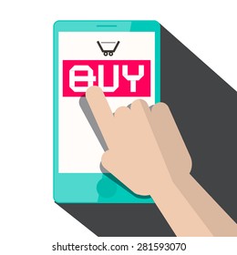 Flat Design Vector Hand Touching Smart Phone with Buy Title and Cart Icon