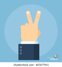 Flat design vector hand victory sign gesture for application interface, presentation and web design. Two fingers up concept for winning sign, peace symbol.
