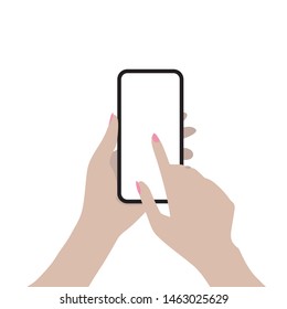 flat design vector hand of a woman is touching a modern smartphone screen, it can be use at any app showcase, easy to edit, change screen and use 