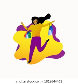 Flat design vector of happy girl and a four bags with yellow and purple liquids background, for  poster, sale, flyer, banner , wallpaper and background