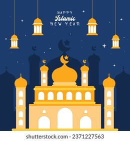 flat design vector happy islamic new year ramadan kareem mosque illustration celebration