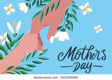 flat design vector happy mother's day with child hand and mom hand