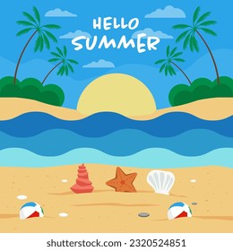 flat design vector hello Summer on the beach with starfish, shell, slippers, and balls
