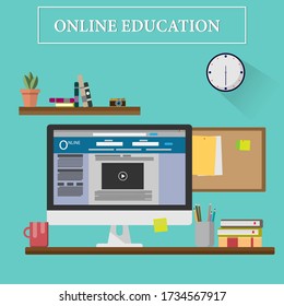 Flat design vector for home office  interior and online education concept. work from home concept.