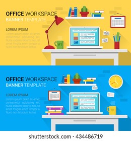 Flat design vector horizontal banners of modern office interior. Creative cartoon workspace with computer, notes, folders, books, plants, mug, lamp, clock. Minimalist style and color