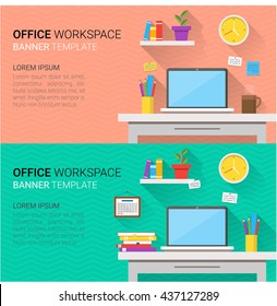 Flat design vector horizontal banners of modern office interior. Creative cartoon workspace with computer, notes, folders, books, plants, mug, calendar, clock. Minimalistic style and color