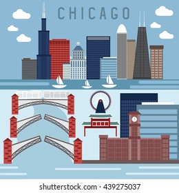 Flat design vector horizontal banners with landmarks of Chicago,Illinois USA 