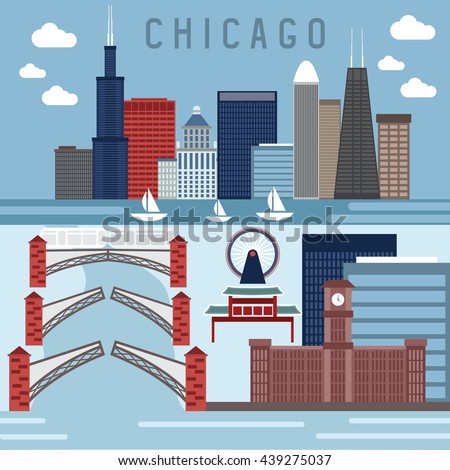 Flat design vector horizontal banners with landmarks of Chicago,Illinois USA 