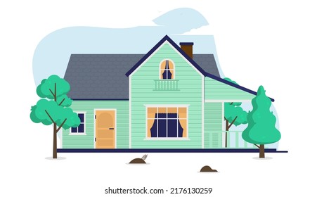 Flat design vector house illustration - Green residential small home with trees on white background